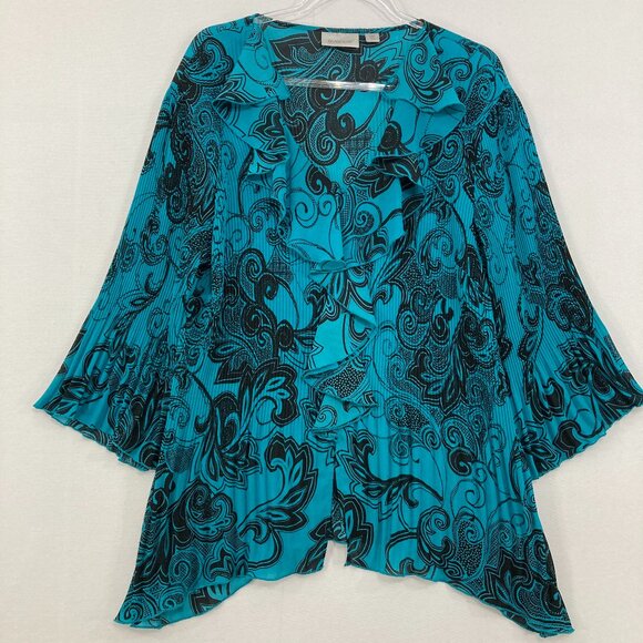 Avenue size 14/16 Blue Black Artsy Print Pleated Textured Ruffle Top Festival - Picture 1 of 11